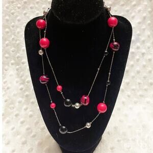 Vintage Silver Tone 36" Bike Chain Style Necklace w/ Black, Pink, Silver Beads